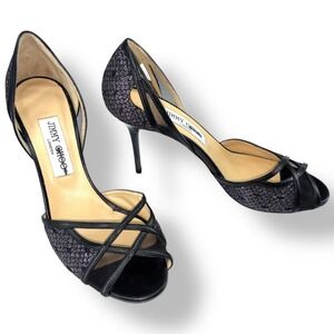 Jimmy Choo Black Glitter Mesh D'Orsay Heels Peep Toe 38.5 3.5" 90mm